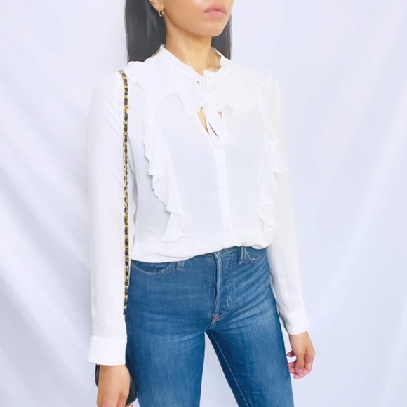 L'AGENCE | Cream 100% Silk Long Sleeve "Valentina" Ruffle Button Down Blouse Top - Picture 11 of 13
